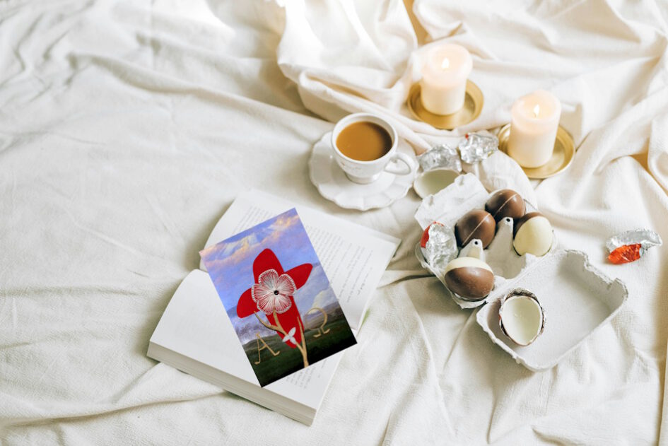 Grußkarte, Fadendesign, Kaffee, Frühstück, Buch, Gemütlichkeit, Schokoladeneier,