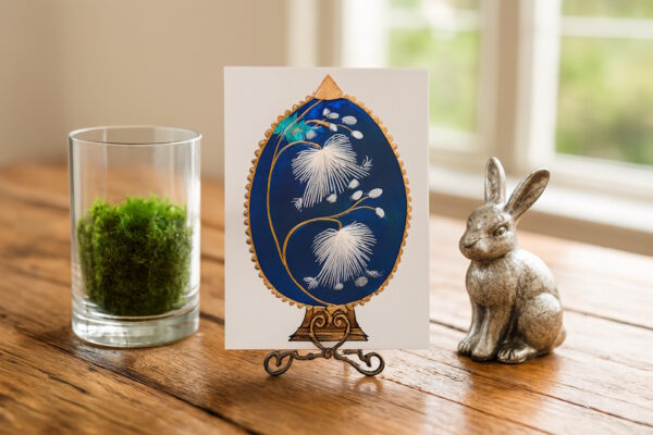 Grußkarte, Fadendesign, lichtdurchflutetes Zimmer, Moos, Osterhase aus Silber,