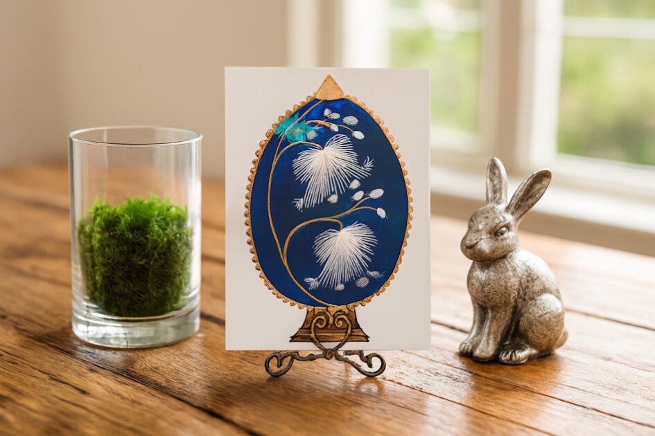 Grußkarte, Fadendesign, lichtdurchflutetes Zimmer, Moos, Osterhase aus Silber,