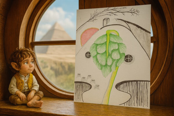 Pyramide, Altes Ägypten, Hobbit, Grußkarte, Fadendesign, rundes Fenster,