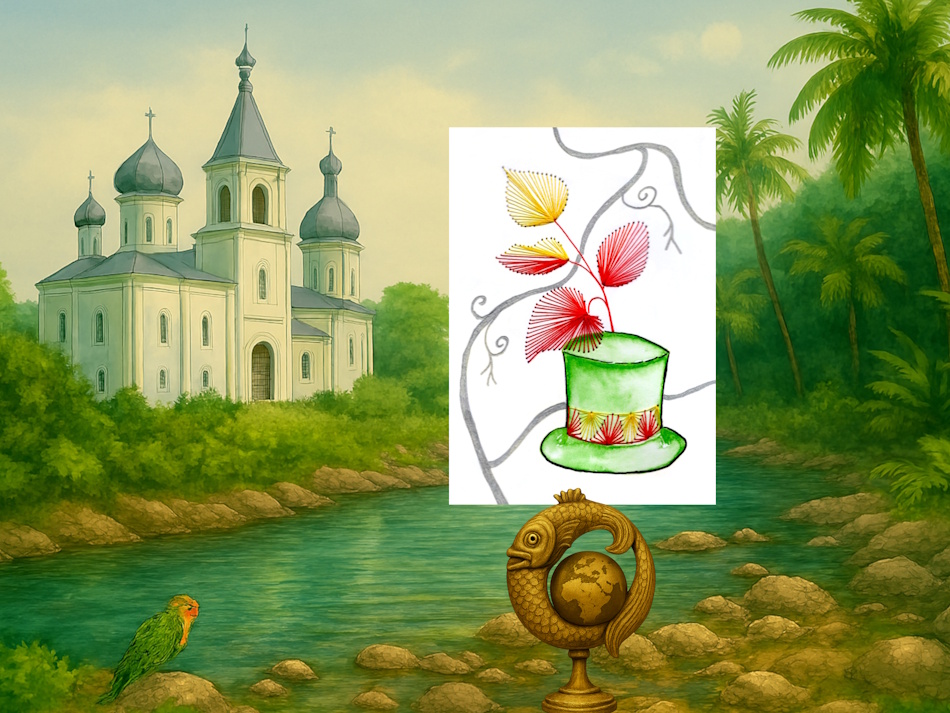 Fluss, Kirche, Türme, Papagei, Ghana, Steine, Flussbett, tropische Bäume, Grußkarte, Fadendesign,