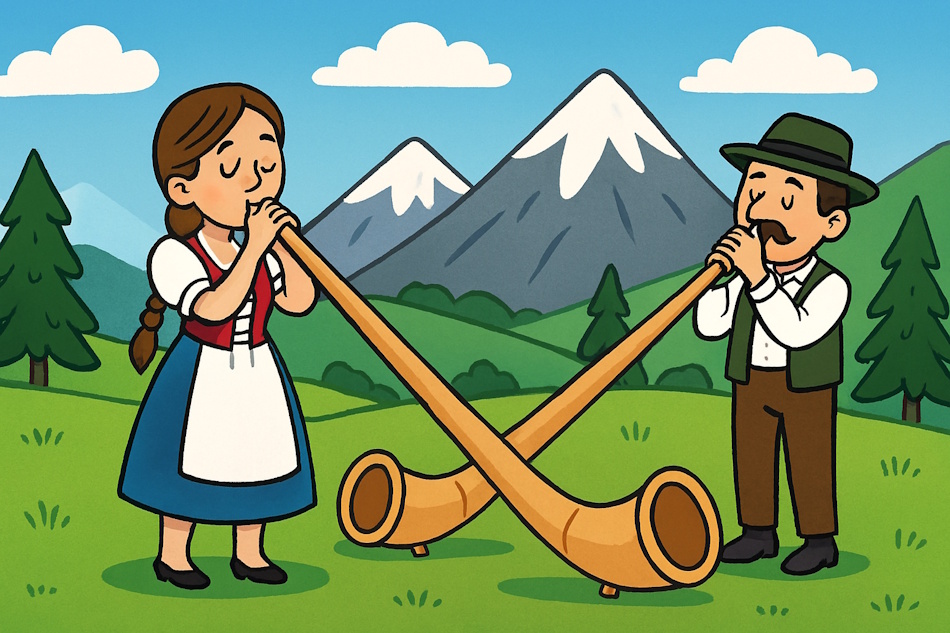 Schweiz, Alphorn, Frau, Heide, Mann, Berg, Alm, Comic,