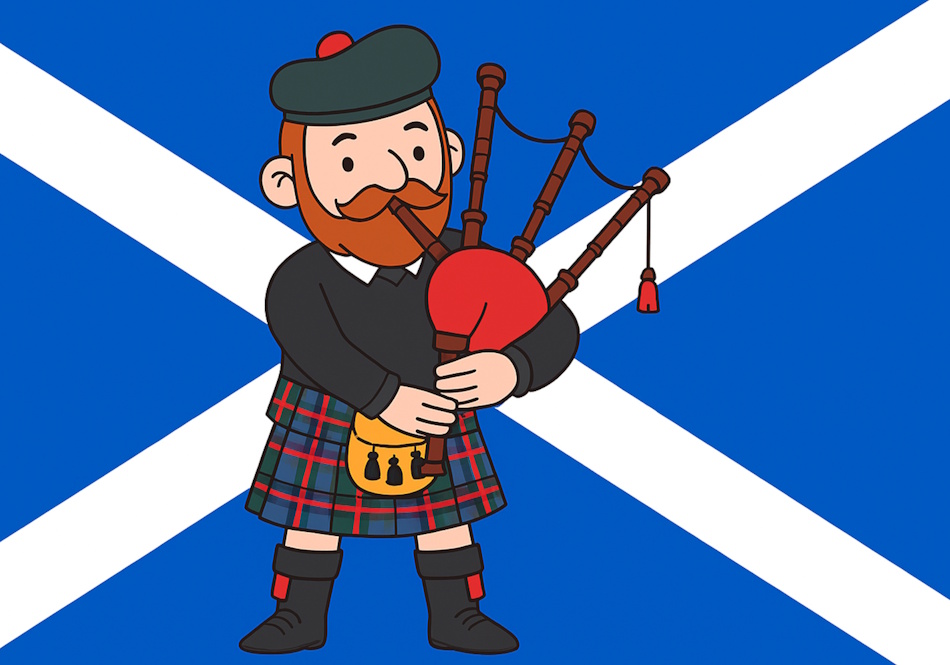 Schottlandfahne, Flagge von Schottland, Andreaskreuz, blau, weiß, Kilt, Dudelsack, Schotte mit Rock,