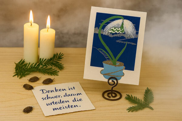 Grußkarte, Kerzen, Tannenzweige, Tannenzapfen, Kartenhalter,