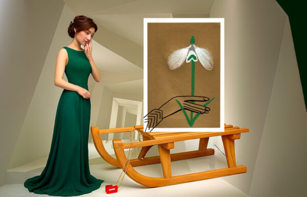 Grußkarte, Fadendesign, Illusion, Elegante Frau, grünes Kleid, Schlitten,