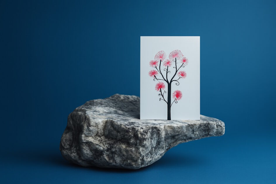 Grußkarte, Fadendesign, Rosa Nelke, Marmor, blauer Raum,