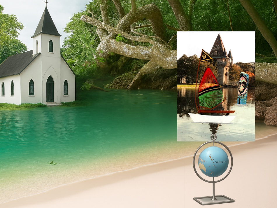 Vanuatu, Meer, weißer Strand, Kirche, Erdkugel, Wurzeln, Kartenhalter,