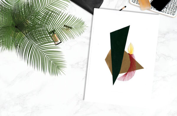 Grußkarte, Fadendesign, Tannenzweig, Marmorplatte, Laptop, Stift,