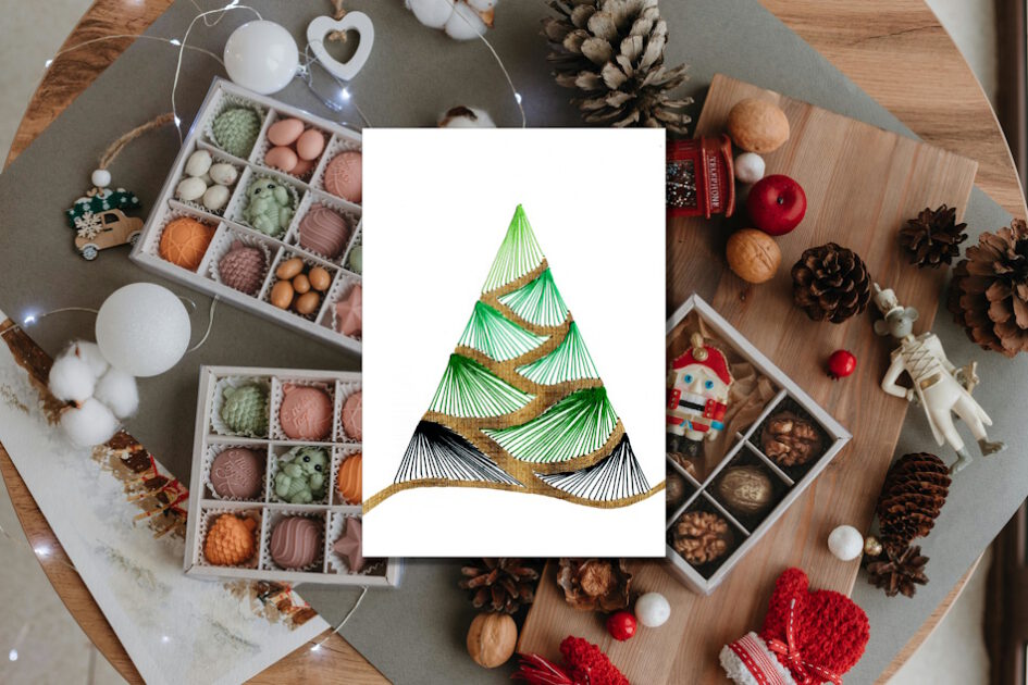 Grußkarte, Fadendesign, Papierstern, Weihnachtskugel, Weihnachtsgeschenk, Dekorationsmöglichkeiten,