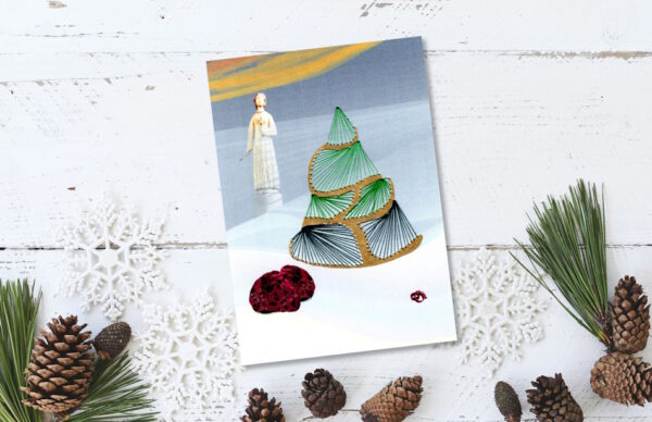 Grußkarte, Fadendesign, Weihnachtssterne, Tannenzapfen, Holztisch,