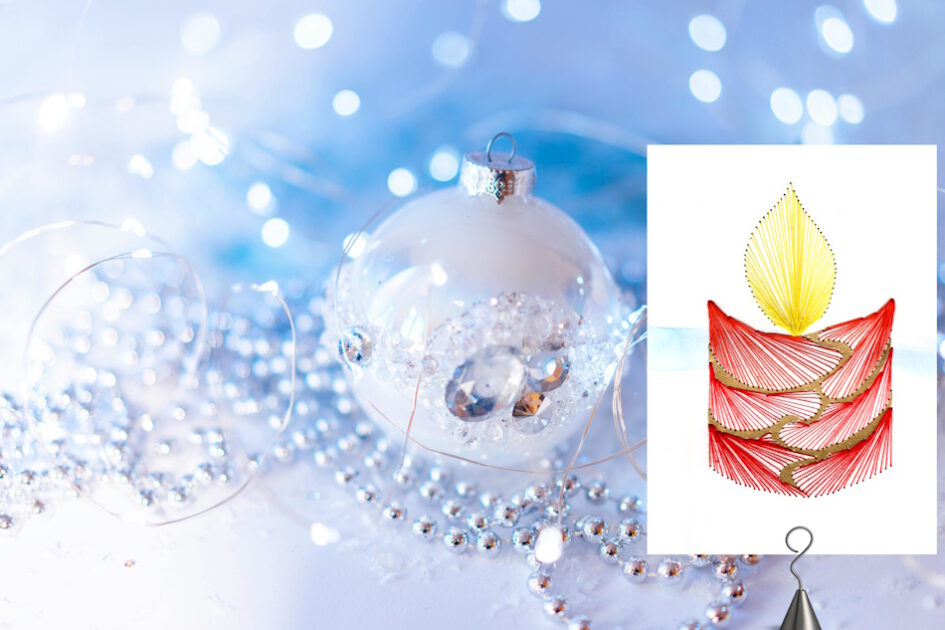 Grußkarte, Fadendesign, Weihnachtskugel, Glitzer, weiß, hellblau