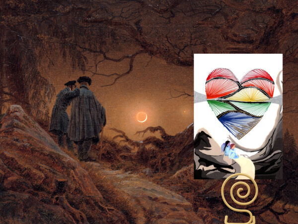 Grußkarte, Fadendesign, Caspar David Friedrich, Romantik, braun, Mondnacht, Zwei Männer in Betrachtung des Mondes, Kartenhalter, gold,