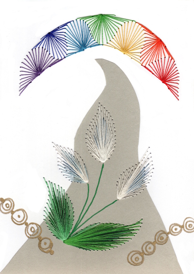 Designerkarte, Designer Karte, Grafik, Kunst, Fadenbild, Fadengrafik, kunstvoll, exklusive Faltkarte, Faltkarte, Grußkarte, Fadentechnik, moderne Kunst, Design, Kleinkunst, Regenbogen, Weg, Blume