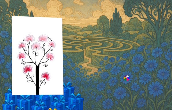 Heinrich Vogeler, Sommergarten, Irrgarten, Jugendstil, Grußkarte, Fadendesign,
