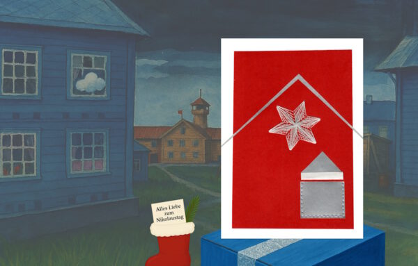 Heinrich Vogeler, Häuser, Russland, Sachlichkeit, Rainer Maria Rilke, Grußkarte, Fadendesign, blau, Nikolausstiefel, Gruß vom Nikolaus, Tannenzweig, blaue Geschenkbox,