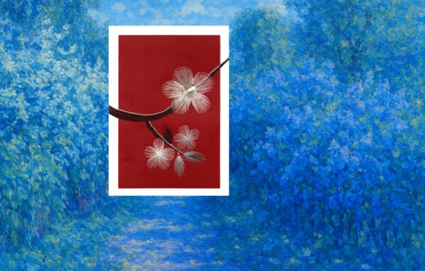 Impressionismus, Inspiration durch Heinrich Vogeler, Frühlingshecken, blau, Grußkarte, Fadendesign,