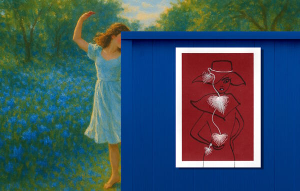 Heinrich Vogeler, Impressionismus, tanzendes Mädchen, Grußkarte, Fadendesign, blaue Blumen, Garten,