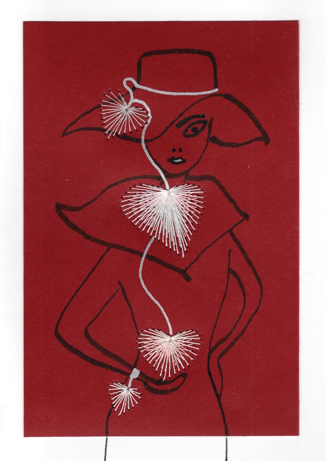 Designerkarte, Designer Karte, Grafik, Kunst, Fadenbild, Fadengrafik, kunstvoll, exklusive Faltkarte, Faltkarte, Grußkarte, Fadentechnik, moderne Kunst, Design, Tafelbild, Hut, Mädchen, weiß, Herz,