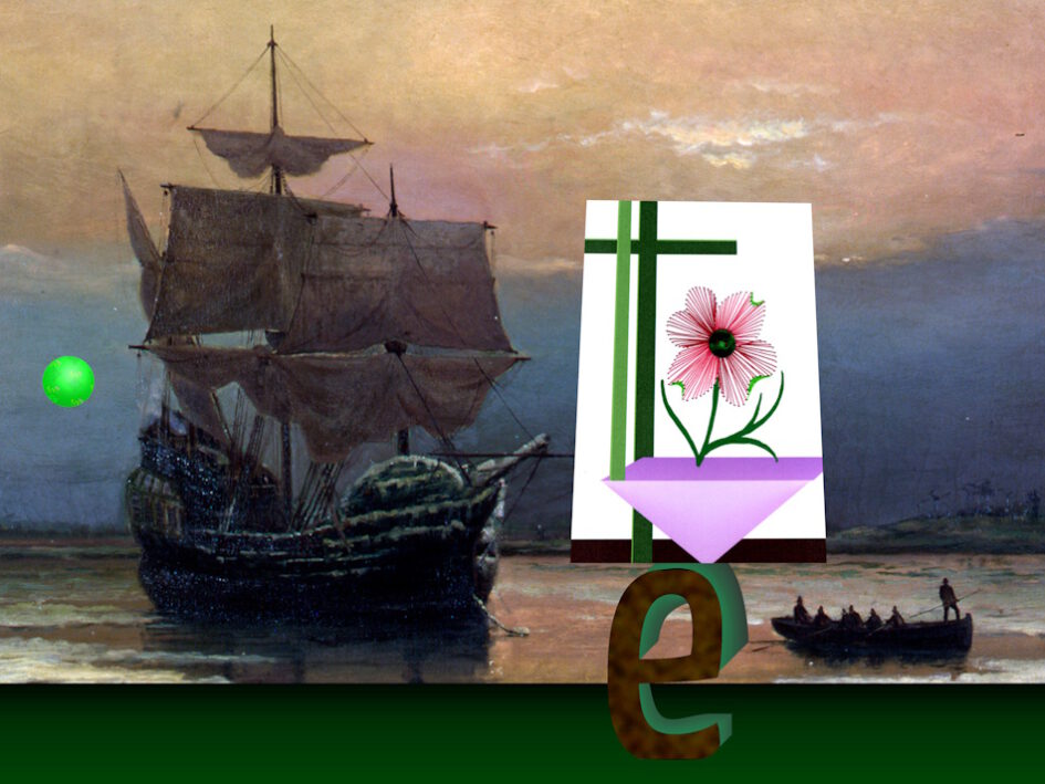 Mayflower, Segelschiff, Amerika, Ozean, Grußkarte, Fadendesign,