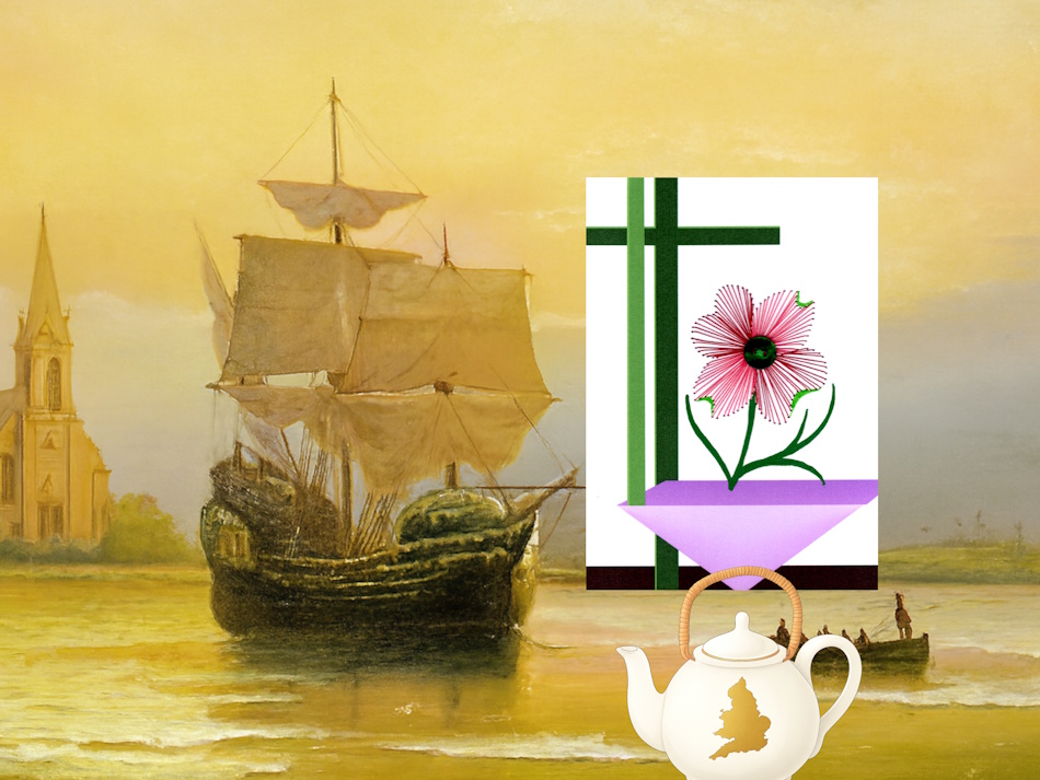 Mayflower, Segelschiff, Amerika, Ozean, Kirche, Grußkarte, Fadendesign,