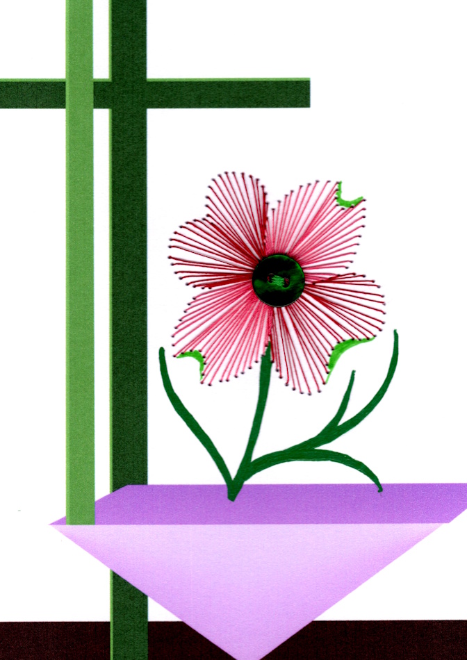 Designerkarte, Designer Karte, Grafik, Kunst, Fadenbild, Fadengrafik, Fadendesign, kunstvoll, exklusive Faltkarte, Faltkarte, Grußkarte, Fadentechnik, moderne Kunst, Design, Kleinkunst, Hartriegel, Staatsblume, Cherokee Chief, Pyramide, Kreuz, 100 Jahre Weltgebetstag der Frauen,