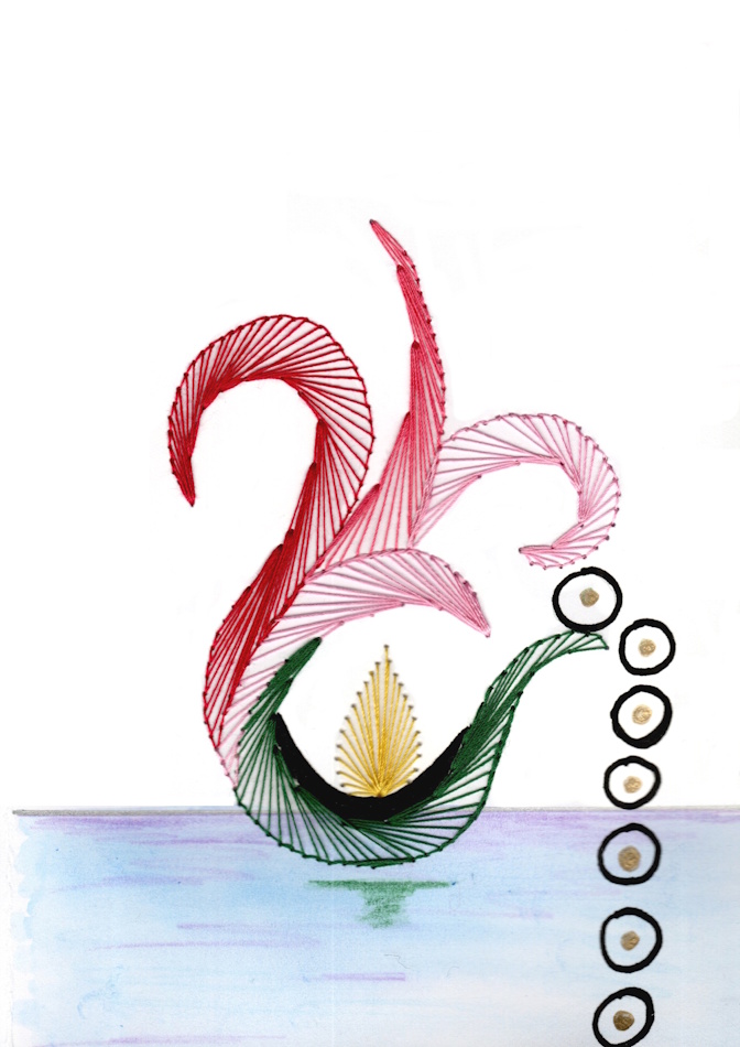 Designerkarte, Designer Karte, Grafik, Kunst, Fadenbild, Fadengrafik, Fadendesign, kunstvoll, exklusive Faltkarte, Faltkarte, Grußkarte, Fadentechnik, moderne Kunst, Design, Kleinkunst, Blüte, Kerze, Wasser, Kreise, Weltgebetstag der Frauen, WGT,