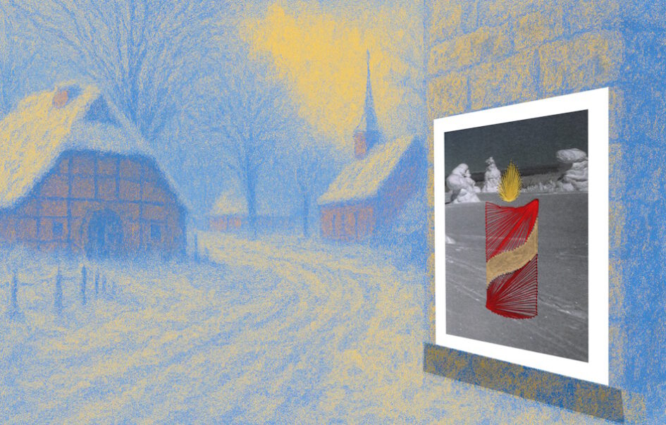 Hans am Ende, Winter in Worpswede, Impressionismus, Häuser, Grußkarte, Fadendesign,