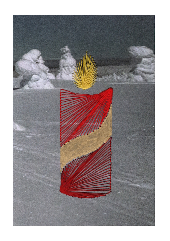 Designerkarte, Designer Karte, Grafik, Kunst, Fadenbild, Fadengrafik, kunstvoll, exklusive Faltkarte, Faltkarte, Grußkarte, Fadentechnik, moderne Kunst, Design, Kerze, Adventskerze, Finnland, Schneelandschaft, 