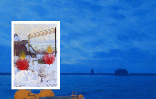 Hans am Ende, Landschaft, Impressionismus, Geige, Grußkarte, Fadengrafik,