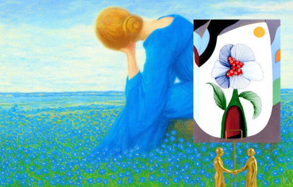 Heinrich Vogeler, Sehnsucht, Träumerei, Landschaft, Jugendstil, Vergissmeinnicht, Frau, blaues Kleid,