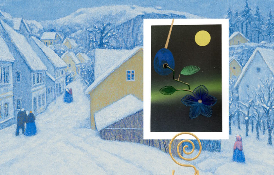 Emil Orlik, Seestudie, Winter in Auscha, Kartenhalter, Spirale, Gold, Grußkarte, Fadendesign, blau,