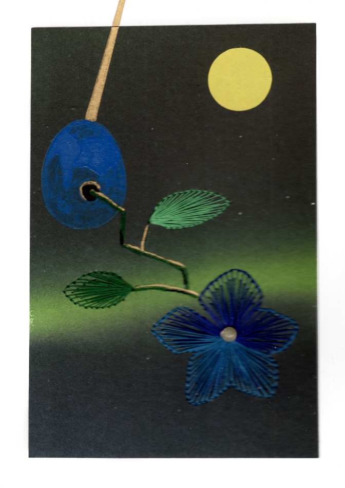 Designerkarte, Designer Karte, Grafik, Kunst, Fadenbild, Fadengrafik, kunstvoll, exklusive Faltkarte, Faltkarte, Grußkarte, Fadentechnik, moderne Kunst, Design, Ei, Surrealismus, Polarlicht, blaue Blume,