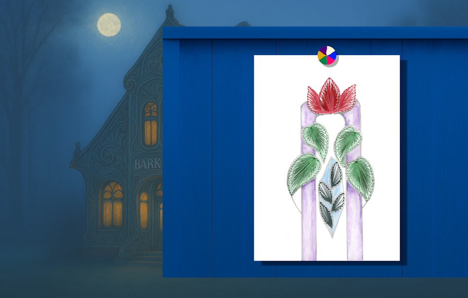 Jugendstil, Heinrich Vogeler, Worpswede, Künstlerkolonie, Nacht, Mond, Grußkarte, Fadendesign,