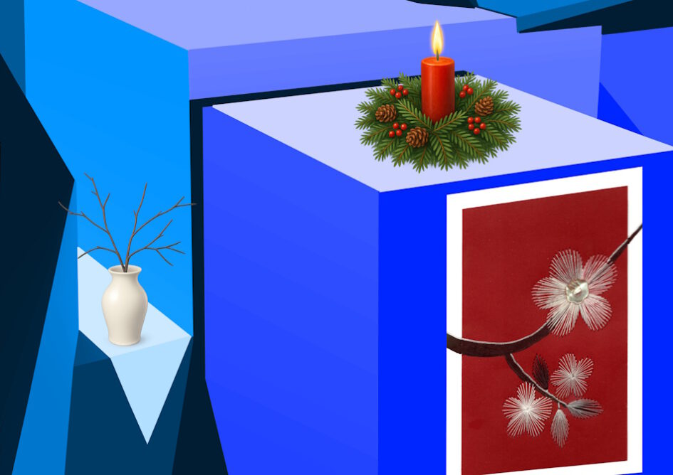 Kalender, Mit Rilke durch das Jahr, Grußkarte, Fadendesign, blau, Perspektive, Geometrie, geometrische Figuren, Adventskranz, Adventskerze, weiße Vase, Kirschast, Kirschblüten am Ast,
