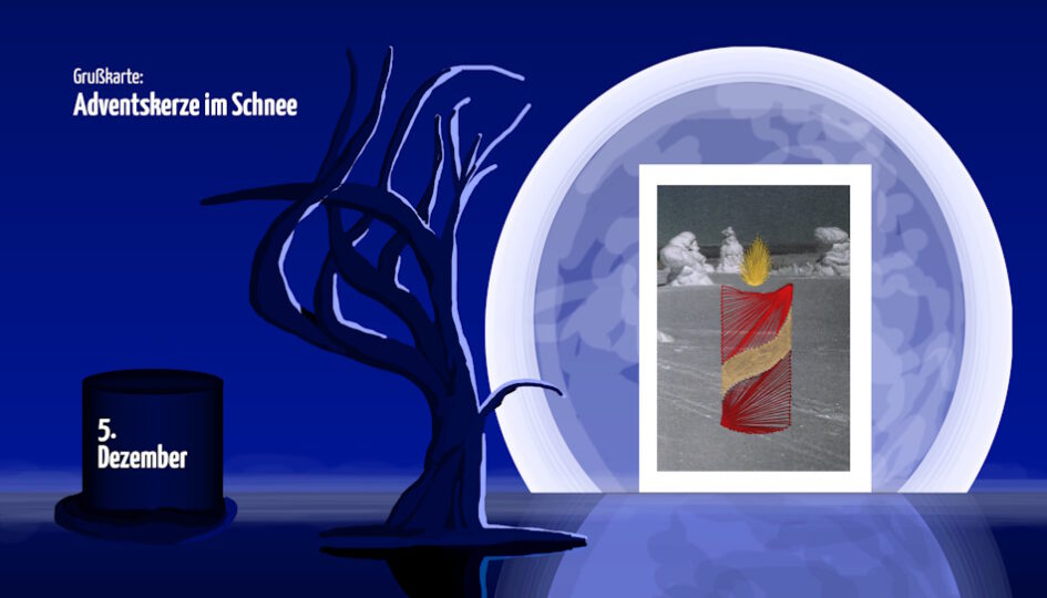 Kalender, Mit Rilke durch das Jahr, See, blauer See, Sehnsucht, See mit Baum, Hut, Grußkarte, Fadendesign, Fadengrafik, Adventskerze, Schnee