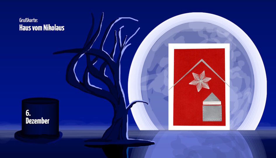 Kalender, Mit Rilke durch das Jahr, See, blauer See, Sehnsucht, See mit Baum, Hut, Grußkarte, Fadendesign, Fadengrafik, Haus, Stern, Nikolaus,
