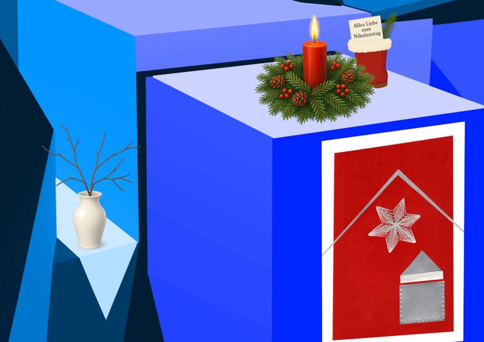 Kalender, Mit Rilke durch das Jahr, Grußkarte, Fadendesign, blau, Perspektive, Geometrie, geometrische Figuren, Adventskranz, Adventskerze, weiße Vase, Kirschast, Gruß zum Nikolaus, Nikolausstiefel, Haus vom Nikolaus,