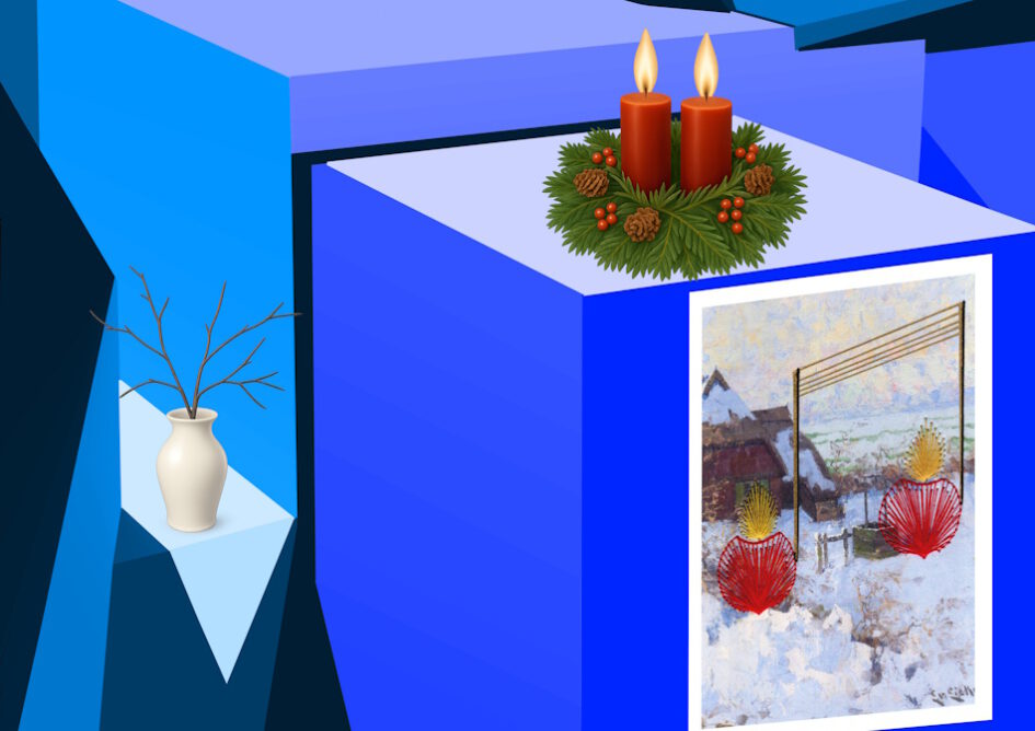 Kalender, Mit Rilke durch das Jahr, Grußkarte, Fadendesign, blau, Perspektive, Geometrie, geometrische Figuren, Adventskranz, Adventskerzen, weiße Vase, Kirschast, Adventskonzert,
