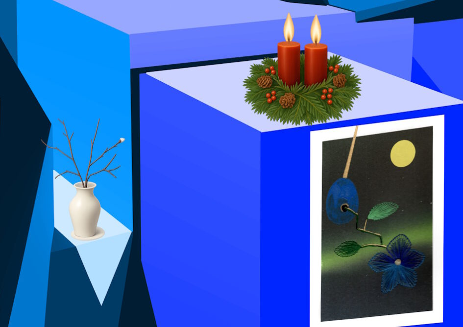 Kalender, Mit Rilke durch das Jahr, Grußkarte, Fadendesign, blau, Perspektive, Geometrie, geometrische Figuren, Adventskranz, Adventskerzen, weiße Vase, Kirschast, Empfängnis, Surreal,
