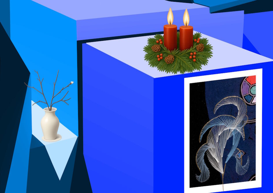 Kalender, Mit Rilke durch das Jahr, Grußkarte, Fadendesign, blau, Perspektive, Geometrie, geometrische Figuren, Adventskranz, Adventskerzen, weiße Vase, Wassily Kandinsky, Federleicht,