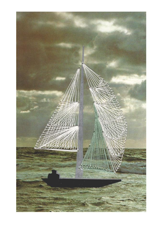 Designerkarte, Designer Karte, Grafik, Kunst, Fadenbild, Fadengrafik, kunstvoll, exklusive Faltkarte, Faltkarte, Grußkarte, Fadentechnik, moderne Kunst, Design, Boot, Schiff, Meer,