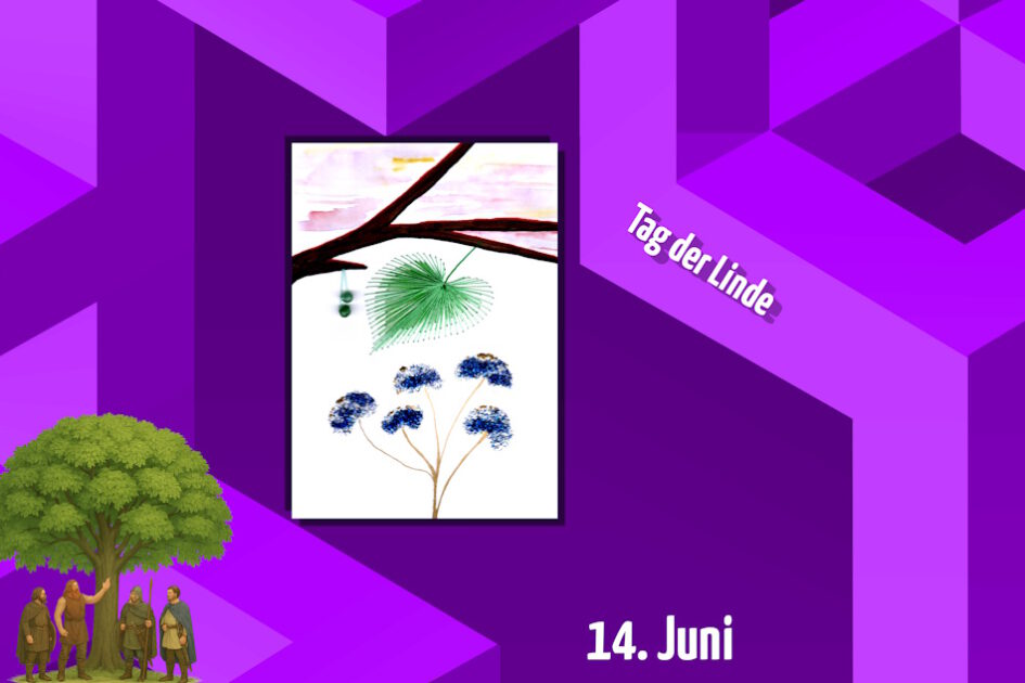 violett, Grafik, Geometrie, Grußkarte, Fadendesign, Germanen unterm Lindenbaum, Lindenblatt,