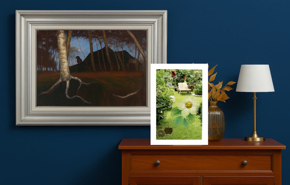Blaue Wand, Grußkarte, Fadendesign, Schrank, Otto Modersohn, Moor, Gemälde, Impressionismus, Vase,
