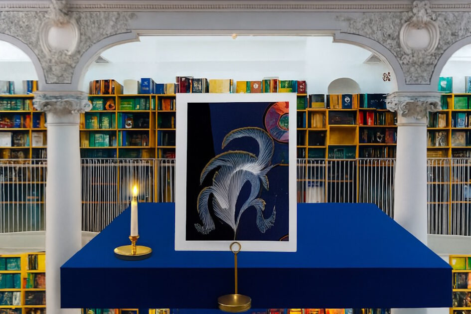 Grußkarte, Fadendesign, Bibliothek, weiße Kerze, goldener Kerzenständer,