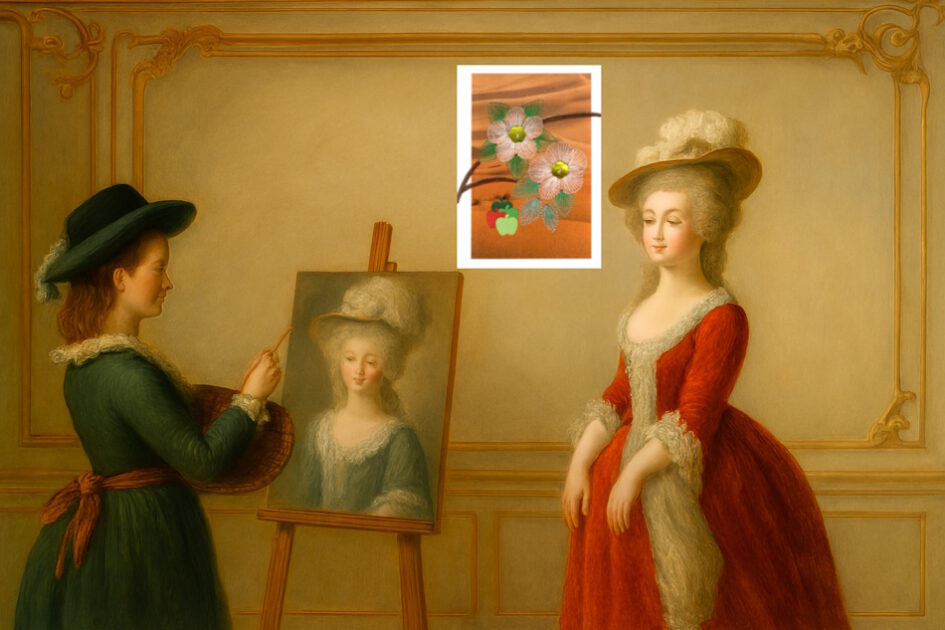 Grußkarte, Fadendesign, Louise Élisabeth Vigée Le Brun, Marie Antoinette, Salon, Versailles, Staffelei, Äpfel,