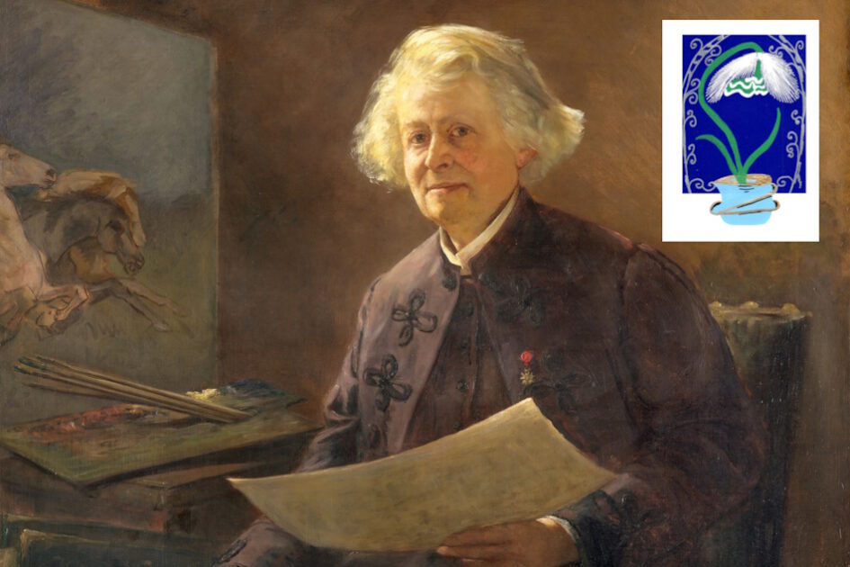 Grußkarte, Fadendesign, Atelier, Rosa Bonheur, Gemälde, Pferde, Staffelei, Schneeglöckchen