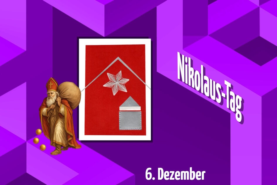 violett, Grafik, Geometrie, Herz, Grußkarte, Fadendesign, Haus vom Nikolaus, Heiliger Nikolaus, drei goldene Kugeln,