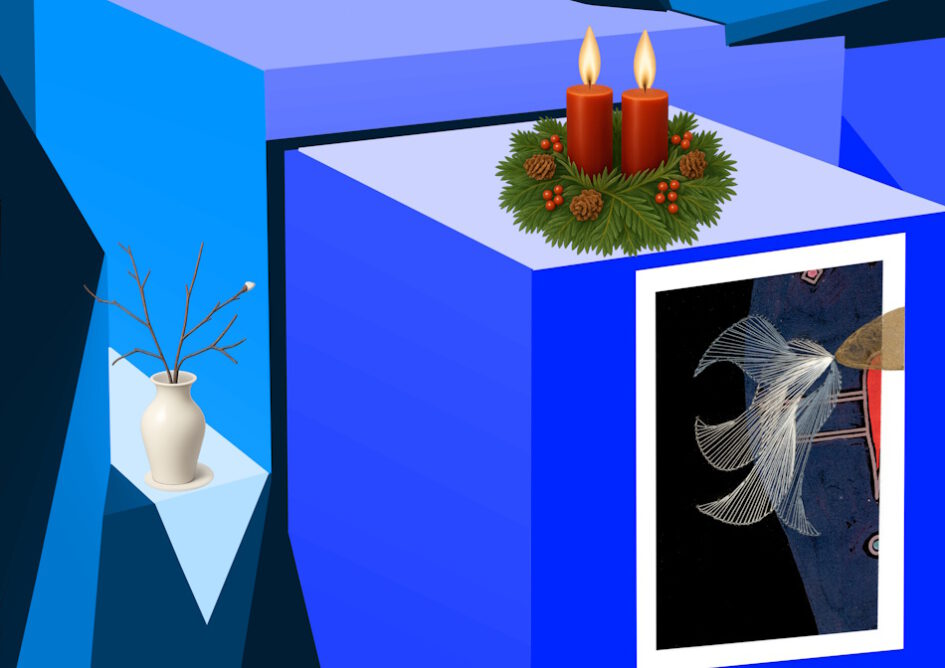 Kalender, Mit Rilke durch das Jahr, Grußkarte, Fadendesign, blau, Perspektive, Geometrie, geometrische Figuren, Adventskranz, Adventskerzen, weiße Vase, Wassily Kandinsky, Schleier,