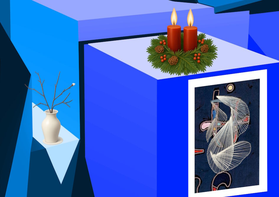 Kalender, Mit Rilke durch das Jahr, Grußkarte, Fadendesign, blau, Perspektive, Geometrie, geometrische Figuren, Adventskranz, Adventskerzen, weiße Vase, Wassily Kandinsky, Transzendenz,