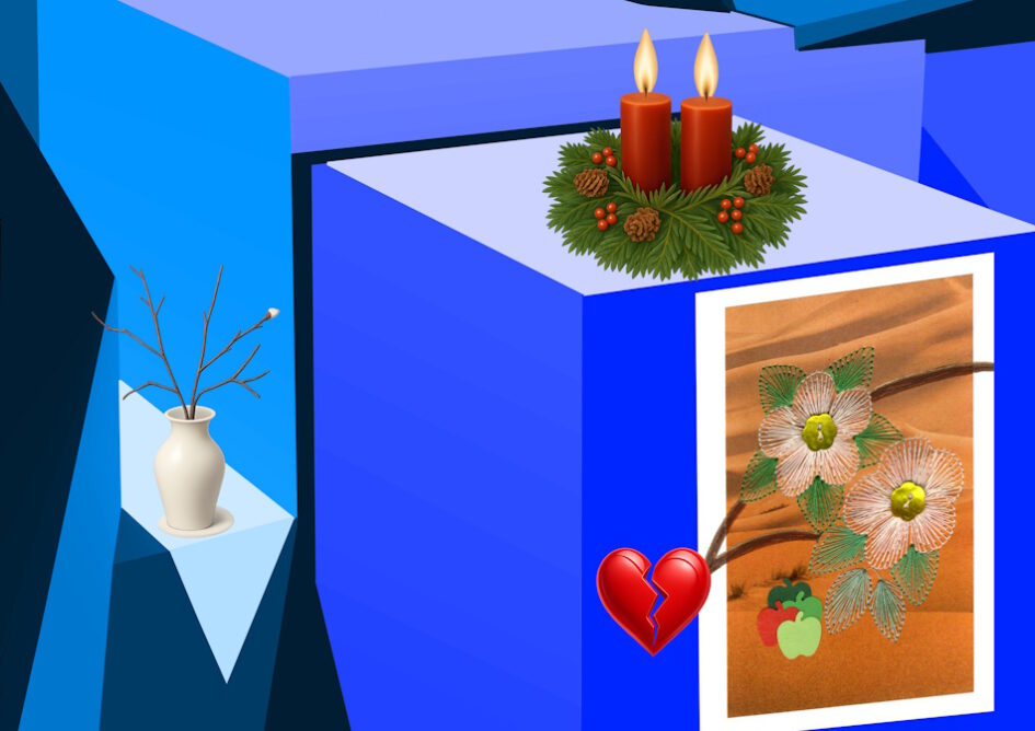 Kalender, Mit Rilke durch das Jahr, Grußkarte, Fadendesign, blau, Perspektive, Geometrie, geometrische Figuren, Adventskranz, Adventskerzen, Apfelblüte, gebrochenes Herz, Wüste,